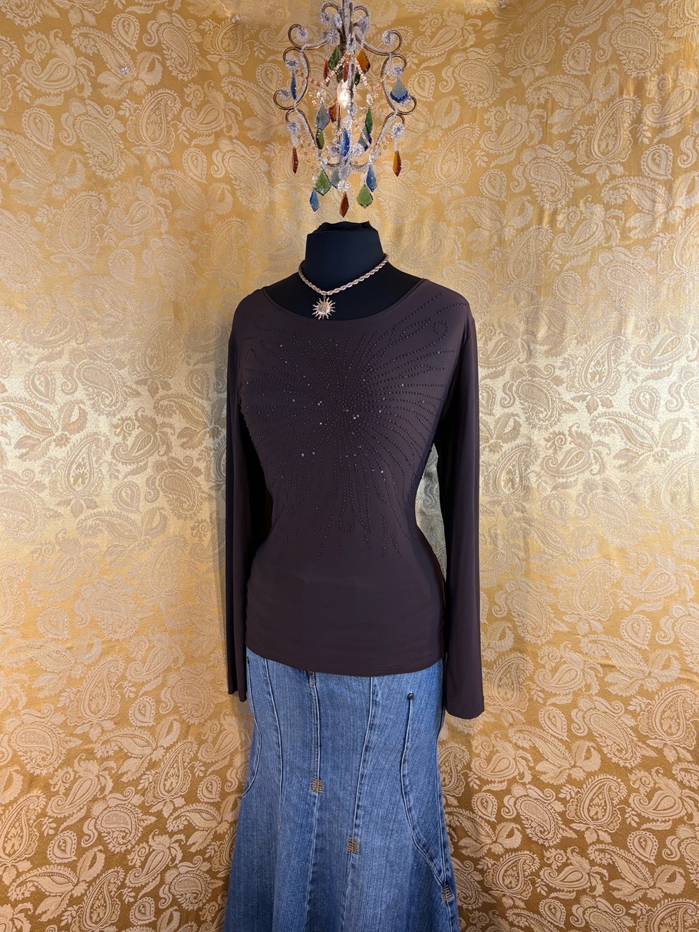 ✨Vintage Y2K Boho Brown Beaded Star Burst Long Sleeve✨